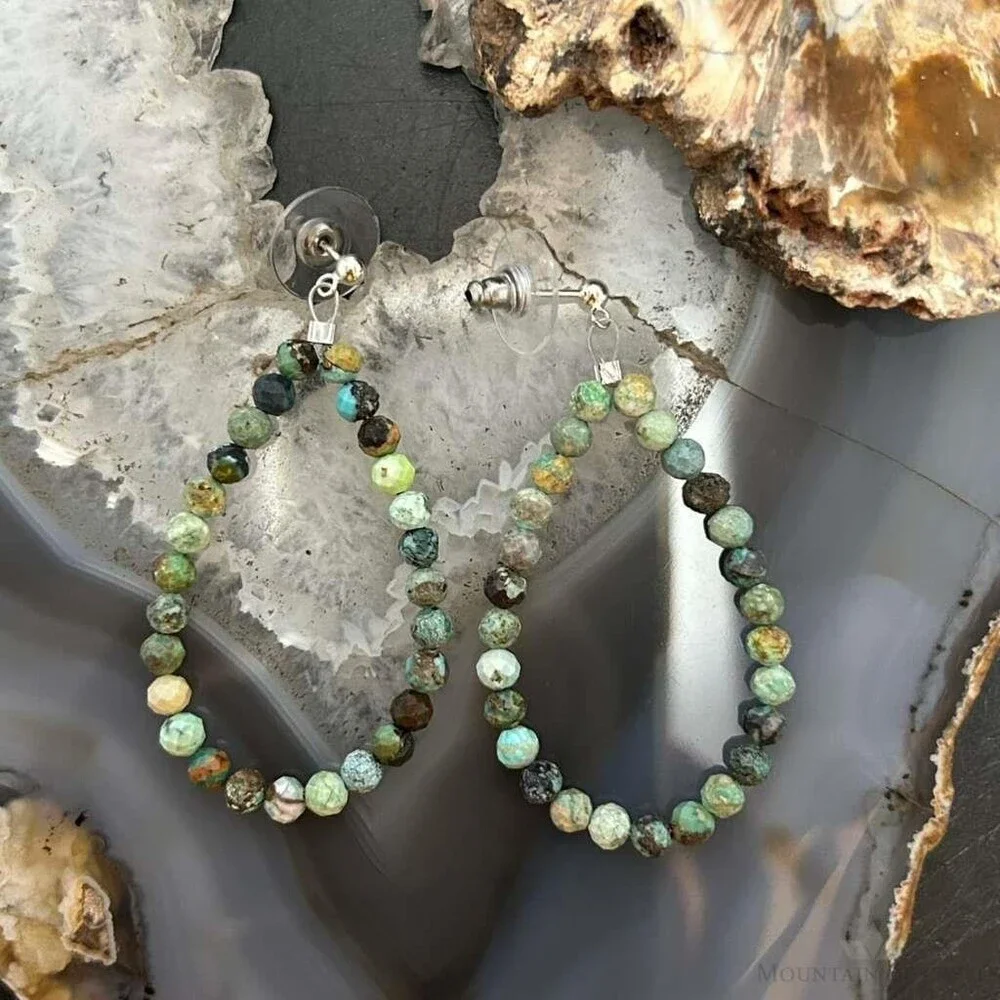 Sterling Silver Faceted Hubei Turquoise Beads Hoop Earrings For Women